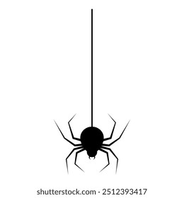 Black silhouette of a spider hanging from a single thread.