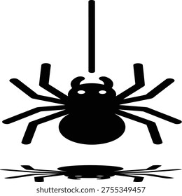 A black silhouette of a spider hanging from a thread with its reflection below
