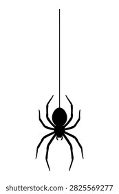 Black silhouette spider hanging from thread web vector graphic design element for halloween decor.