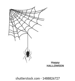 Black silhouette of spider on web. Halloween party. Isolated image of poison insect.  Vector illustration