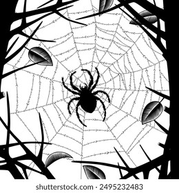 A black silhouette of a spider on a spider web with dew droplets among the trees isolated on white. Vector Illustration