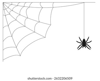 Black silhouette of a spider on a web. Vector illustration on a white background