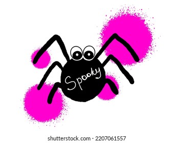Black silhouette of spider with pink neon spots and spooky lettering. Happy Halloween greeting card. Vector illustration.