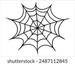 Black silhouette of a spider web isolated on a white background. Concept of Halloween, cobweb, arachnid, minimalist style, spooky design. Print, icon, illustration element. Art