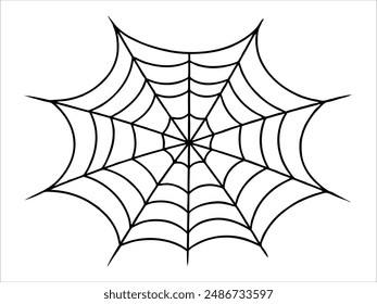 Silueta negra de un Web de araña aislado sobre un fondo blanco. Concepto de Halloween, telaraña, arácnido, estilo minimalista, diseño fantasmagórico. Imprimir, icono, elemento de ilustración