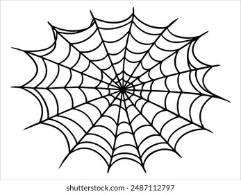 Black silhouette of a spider web isolated on a white background. Concept of Halloween, cobweb, arachnid, minimalist style, spooky design. Print, icon, illustration element