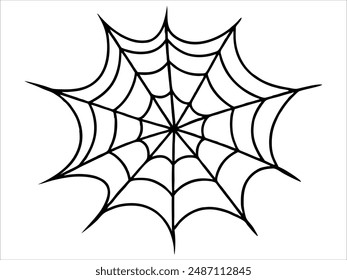 Black silhouette of a spider web isolated on a white background. Concept of Halloween, cobweb, arachnid, minimalist style, spooky design. Print, icon, illustration element. Art