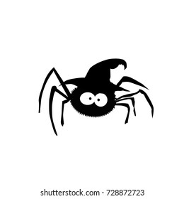 Black silhouette of spider in witch hat isolated on white background.Vector illustration.