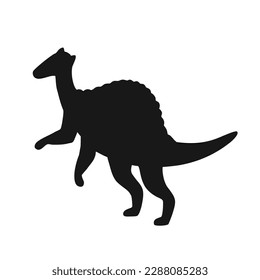 Black silhouette of spinosaurus. Cute dinosaur with spikes on the back. Hand drawn vector illustration isolated on white background, flat style.