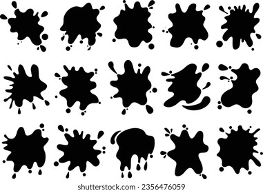 Silueta negra. Bombilla negra, conjunto de formas. Colección de glifos redondeados con bandeja de tinta, líquidos decorativos. Diseño de salpicaduras y goteo de ilustraciones, colección de spray de blobs de silueta. Vector aislado