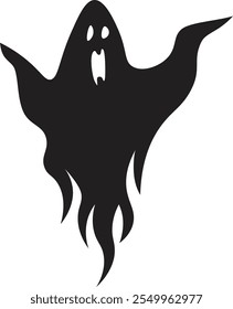 Black silhouette of a spooky ghost floating with open mouth, waving arms, and a flaming bottom against a white background creates a chilling halloween vibe