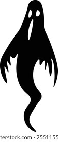 Black silhouette of a spooky ghost floating with an open mouth, waving arms, and a flowing tail, perfect for halloween decorations or spooky designs