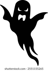 Black silhouette of a spooky ghost flying with its mouth open and a threatening expression, perfect for halloween projects