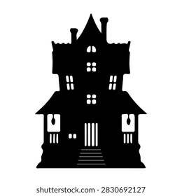 Black silhouette of a spooky haunted castle featuring gothic architectural elements and multiple towers, set against a plain white background.
