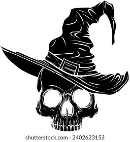 black silhouette of Spooky skull in witch hat vector illustration isolated on white.