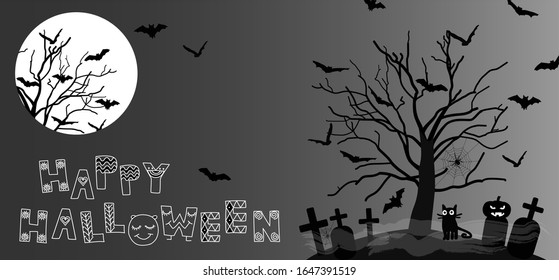 Black silhouette of a spooky tree with bats, gravestones, spiderwebs, spiders and full moon. Happy Halloween vector illustration