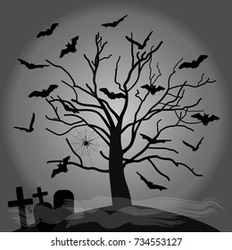 Black silhouette of a spooky tree with bats, gravestones, spiderwebs, spiders and misty fog. Vector illustration