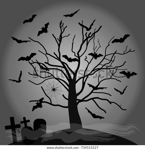 Black Silhouette Spooky Tree Bats Gravestones Stock Vector (Royalty ...