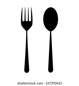Black silhouette of spoon and fork on a white background.