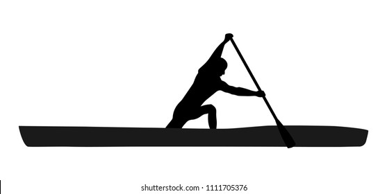 Black silhouette of sportsman paddling a kayak. Isolated vector illustration.