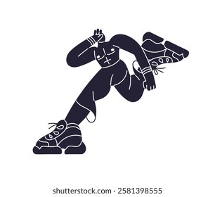 Black silhouette of sportsman runs marathon, sprint fast. Abstract shadow of runner jogging, rushing. Jogger does sports workout, cardio training. Flat isolated vector illustration on white background