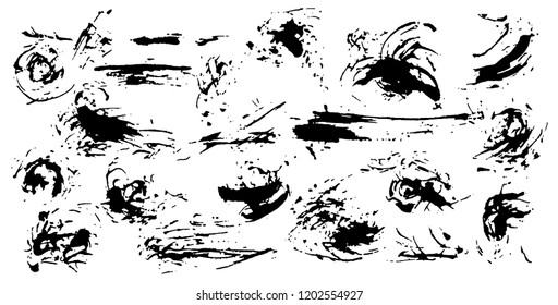 Black silhouette of spot with droplets, smudges, stains, splashes. Ink blot in grunge style. Dirt brush stroke set. Abstract daub. Vector illustration