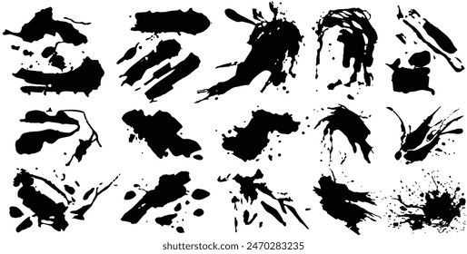 Black silhouette of spot with droplets, smudges, stains and splashes. Ink blot in grunge style set. Brush stroke texture. Dirt background. Vector illustration