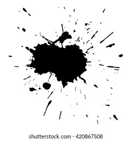 Black silhouette spot with droplets, smudges, stains, splashes. Ink blot in grunge style. 