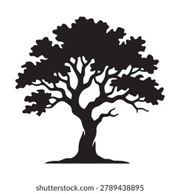 Black silhouette of a spreading oak tree with silhouette branches illustration environment isolated botanical forestry landscape structure