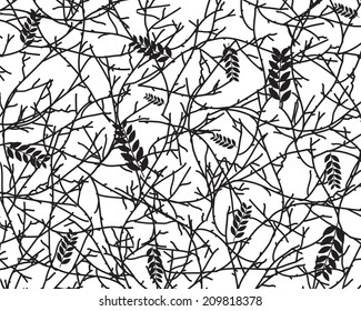 Black silhouette of spring branches of trees on white background