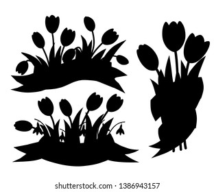 Black silhouette. Spring decorative bouquet of pink tulip and galantus with beige ribbon. Spring flower icon set. Flat vector illustration isolated on white background.