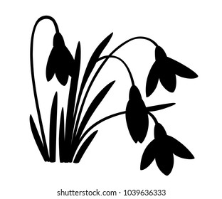 Black silhouette of spring flower. The first snowdrops Galanthus. Flowers for decoration. Vector illustration isolated on white background. Web site page and mobile app design