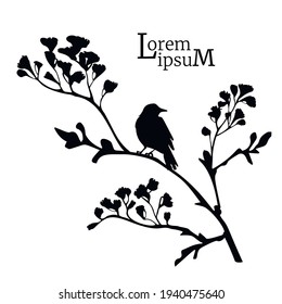 Black silhouette of spring flowering branch with bird. Floral design. Vector illustration.