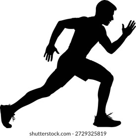 Silueta negra de velocista a media zancada con brazos doblados y piernas anchas, que simboliza la velocidad, el movimiento y el atletismo