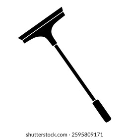 Black silhouette of squeegee cleaning tool with long handle for window washing, glyph icon vector