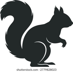 A black silhouette of a squirrel with a bushy tail, standing upright on its hind legs, facing right.