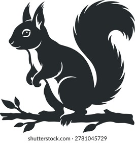 A black silhouette of a squirrel with a bushy tail sits on a branch with leaves.