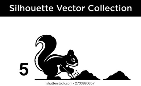 Una silueta negra de una ardilla cavando un agujero en el suelo, con un número 5 visible.