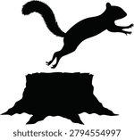Black silhouette of a squirrel jumping from a tree stump with squirrel silhouette wildlife isolated climbing illustration minimalist contrast creature woodland environment