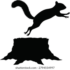 Black silhouette of a squirrel jumping from a tree stump with squirrel silhouette wildlife isolated climbing illustration minimalist contrast creature woodland environment
