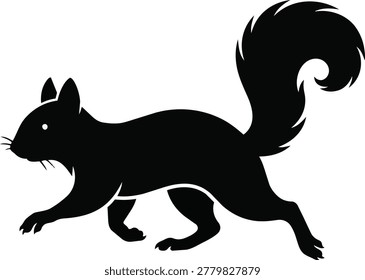 A black silhouette of a squirrel in motion, its bushy tail curled upwards, conveying a sense of speed and agility.