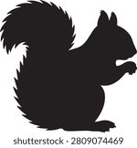 Black silhouette of a squirrel sitting with a bushy tail. Clean isolated vector illustration on a white background, ideal for wildlife, woodland, nature, educational, and outdoor design projects.