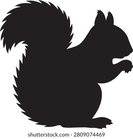 Black silhouette of a squirrel sitting with a bushy tail. Clean isolated vector illustration on a white background, ideal for wildlife, woodland, nature, educational, and outdoor design projects.