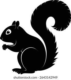 A black silhouette of a squirrel standing on its hind legs with a bushy tail on a white background.