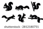 Black silhouette squirrels, squirrel icons set on a white background