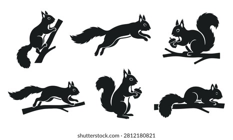 Black silhouette squirrels, squirrel icons set on a white background