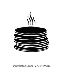 A black silhouette of a stack of hot pancakes emitting steam, isolated on a white background.