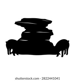 Black silhouette of stacked rocks with small animals around, emphasizing nature, balance, and wildlife in a minimalist style.
