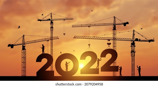 Black silhouette staff works as a to prepare to welcome the new year 2022. Large construction site, many construction cranes set vector numbers 2022. Construction team sets numbers for New Year 2022.