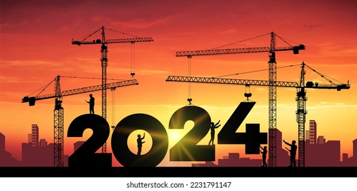 Black silhouette staff works as a to prepare to welcome the new year. Large construction site, many construction cranes set numbers 2024. Construction team sets numbers for New Year 2024. Vector.